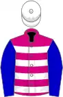 Cerise, white hoops, blue sleeves, white cap