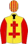YELLOW, red cross of lorraine and sleeves, striped cap