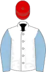 White, light blue sleeves, red cap