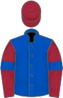 Royal blue, maroon sleeves, royal blue armlets, maroon cap