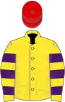 Yellow, purple hooped sleeves, red cap