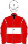 Red, white hoop, red sleeves, white seams, white cap