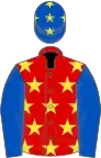 Red, yellow stars, royal blue sleeves, royal blue cap, yellow stars