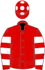 Red, white hooped sleeves, red cap, white spots