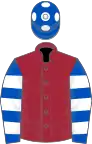 Maroon, royal blue and white hooped sleeves, royal blue cap, white spots