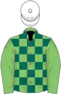 Light and dark green check, light green sleeves, white cap