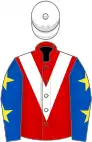 Red, white chevron, royal blue sleeves, yellow stars, white cap