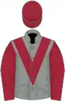 Grey, maroon chevron, maroon sleeves, maroon cap