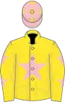Yellow, pink star, pink stars on sleeves, pink cap, yellow stars
