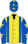Yellow, royal blue braces, royal blue sleeves, yellow stars and stars on cap