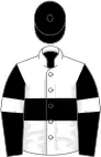 White, black hoop, black sleeves, white armlets, black cap