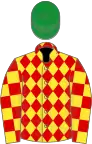 Yellow and red diamonds, checked sleeves, green cap