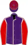 Purple, pink seams, red sleeves, pink seams, purple and red hooped cap