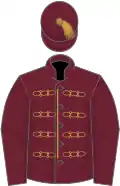 Claret, gold braid, claret sleeves, claret cap, gold tassel