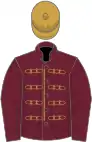 Claret, gold braid, claret sleeves, gold cap, gold tassel
