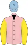 Pink, yellow sleeves, light blue cap