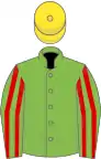 Light green, red striped sleeves, yellow cap