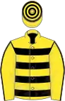 Yellow, black hoops, yellow sleeves, black seams