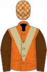 Orange, beige chevron, brown sleeves, orange and beige checked cap