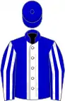 Blue, white stripe, striped sleeves, blue cap