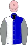 Blue and white (halved), grey sleeves, pink cap