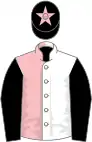 Pink and white halved, black sleeves, black cap, pink star