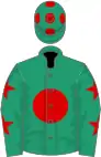 Emerald green, red disc, emerald green sleeves, red stars, emerald green cap, red spots