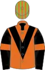 Orange, black chevron, black sleeves, orange armlets, light green and orange striped cap