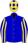 Blue, yellow striped sleeves, yellow cap, blue spots