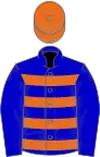 Blue, orange hoops on body, orange cap
