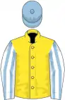 Yellow, white and light blue striped sleeves, light blue cap
