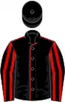 Black, red seams, striped sleeves, black cap