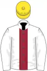 White, maroon stripe, yellow cap