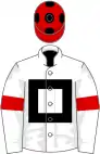 White, black hollow box, red armlets, red cap, black spots