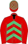 Red, emerald green chevrons, red sleeves, hooped cap