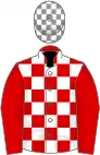 Red and white check, red sleeves, grey and white check cap