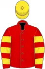 Red, yellow hooped sleeves, yellow cap