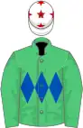 Emerald green, royal blue triple diamond, white cap, red stars