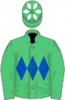 Emerald green, royal blue triple diamond, emerald green cap, white diamonds
