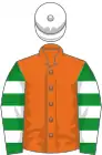Orange, green and white hooped sleeves, white cap