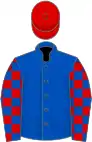 Royal blue, royal blue and red check sleeves, red cap