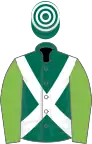 Dark green, white cross sashes, light green sleeves, dark green and white hooped cap
