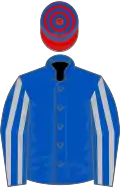 Royal blue, silver striped sleeves, red and royal blue hooped cap