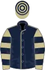Dark blue, beige seams, beige and dark blue hooped sleeves and cap