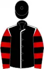 Black, white seams, red and black hooped sleeves, black cap