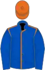 Royal blue, orange seams, royal blue sleeves, orange cap