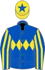 Royal blue, yellow triple diamond, striped sleeves, yellow cap, royal blue star