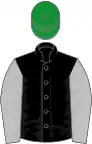 Black, silver sleeves, green cap