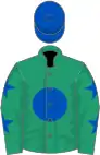 Emerald green, royal blue disc, emerald green sleeves, royal blue stars, royal blue cap