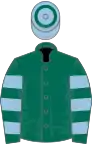 Dark green, light blue hooped sleeves, blue cap, green hoop